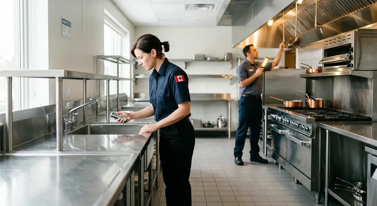 A commercial kitchen being inspected for cockroaches