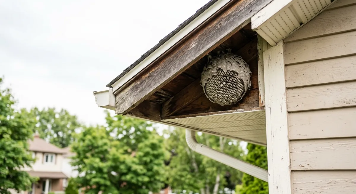 A wasp nest under a residential eave in summer