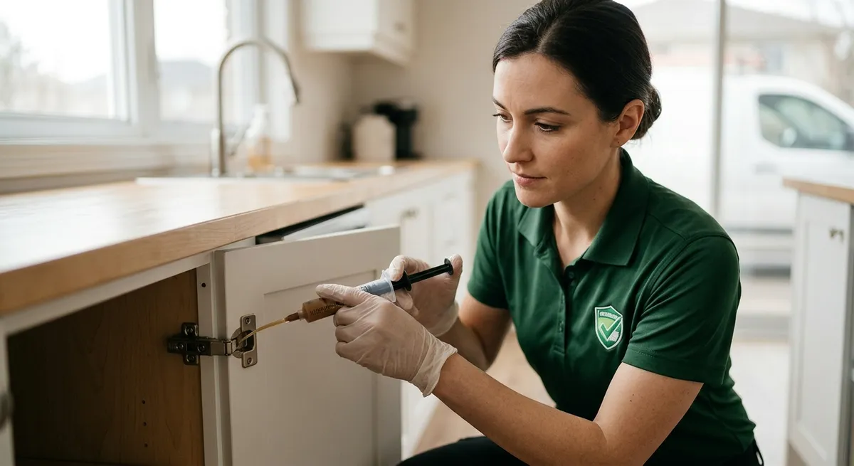 Technician applying professional cockroach gel bait inside a kitchen cabinet
