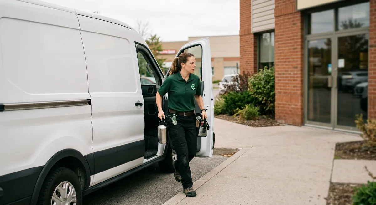 Licensed technician arriving at a commercial kitchen for an emergency call