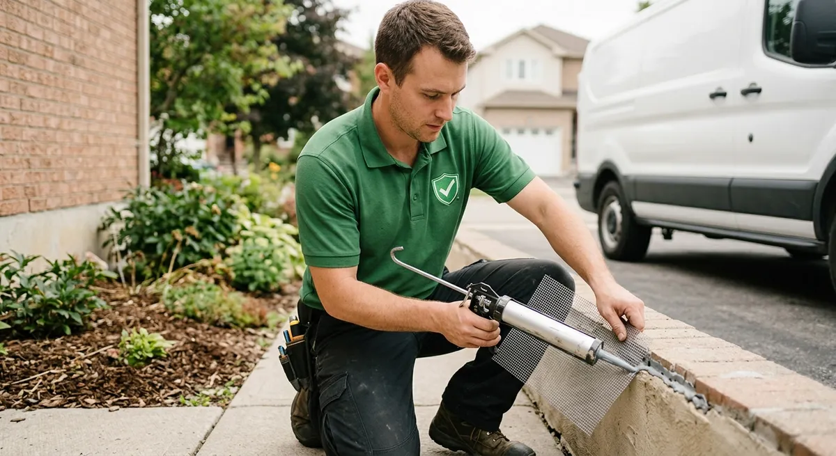 Technician sealing a foundation gap with rodent-proof exclusion material