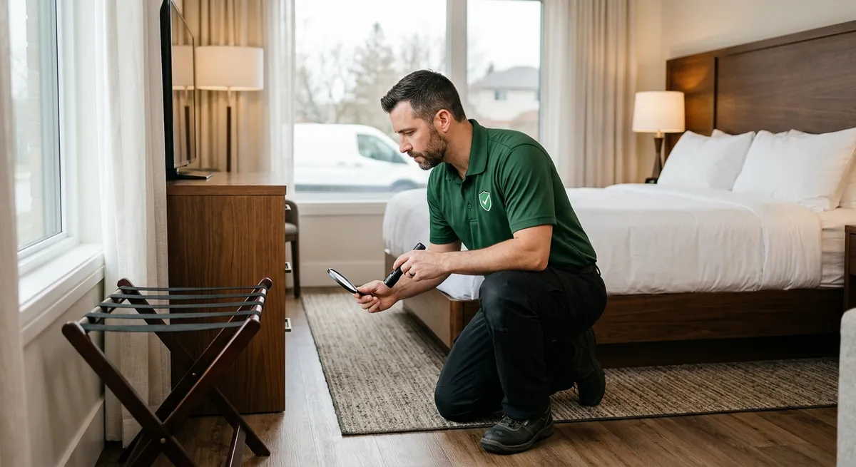 Technician discreetly inspecting a hotel guest room for bed bugs