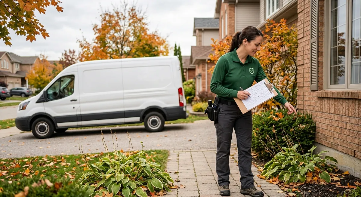 Technician performing a scheduled exterior perimeter treatment around a suburban home