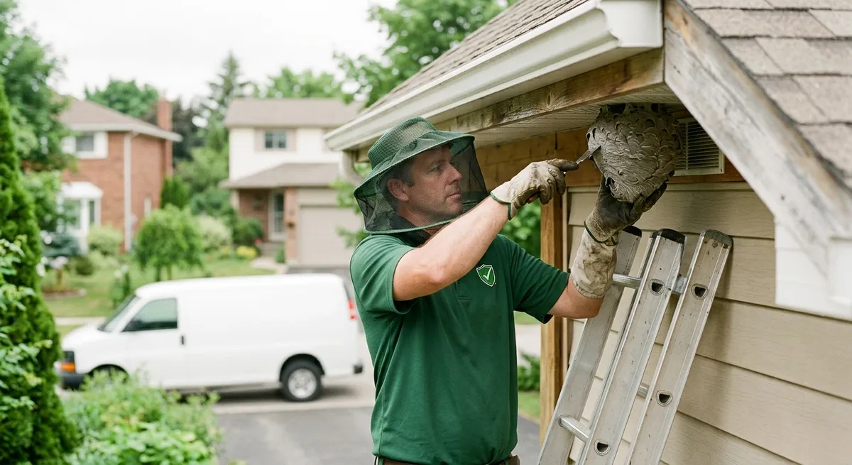 Protective-suited technician removing a paper wasp nest from under a residential eave